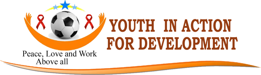 YADE logo: open orange arms around a football, two red ribbons and three stars, with the words Youth in Action for Development and the motto Peace, Love and Work Above all